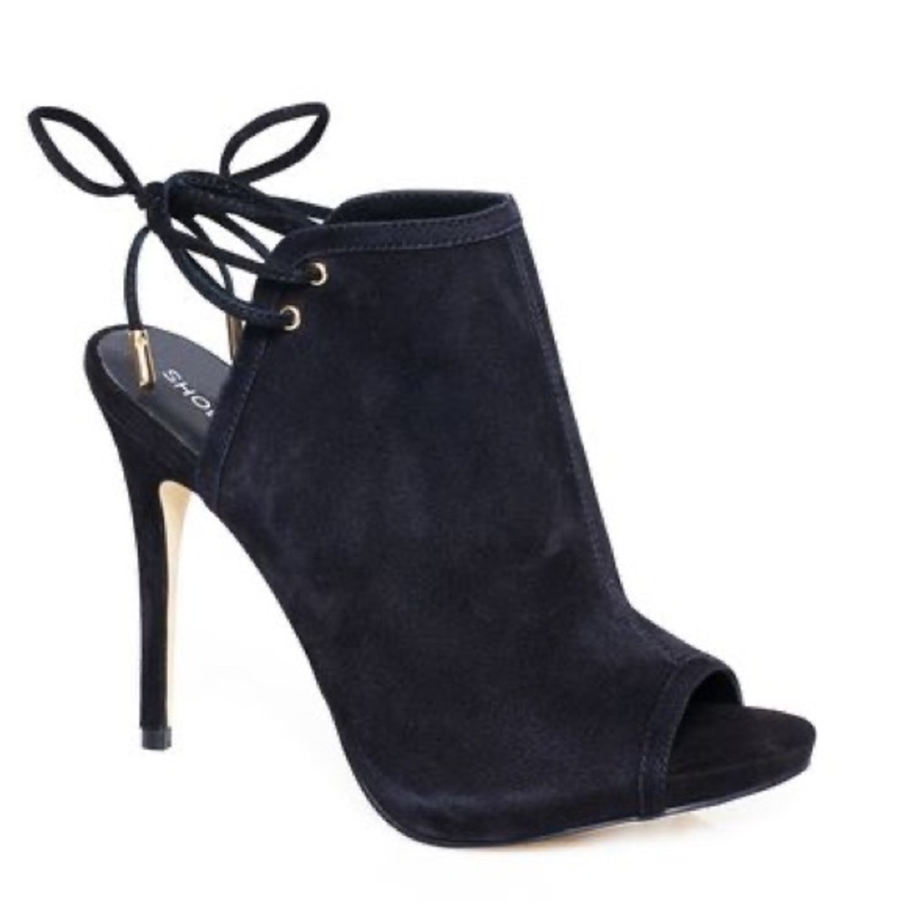 Shoemint Noelle Black Suede Open Toe Lace Back Heels, 8.5